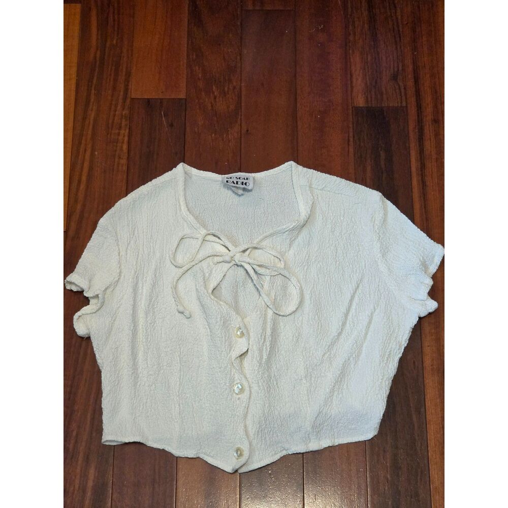 Vintage 80s 90s White L Cropped Crinkled Shirt Drawstring Collar Tie